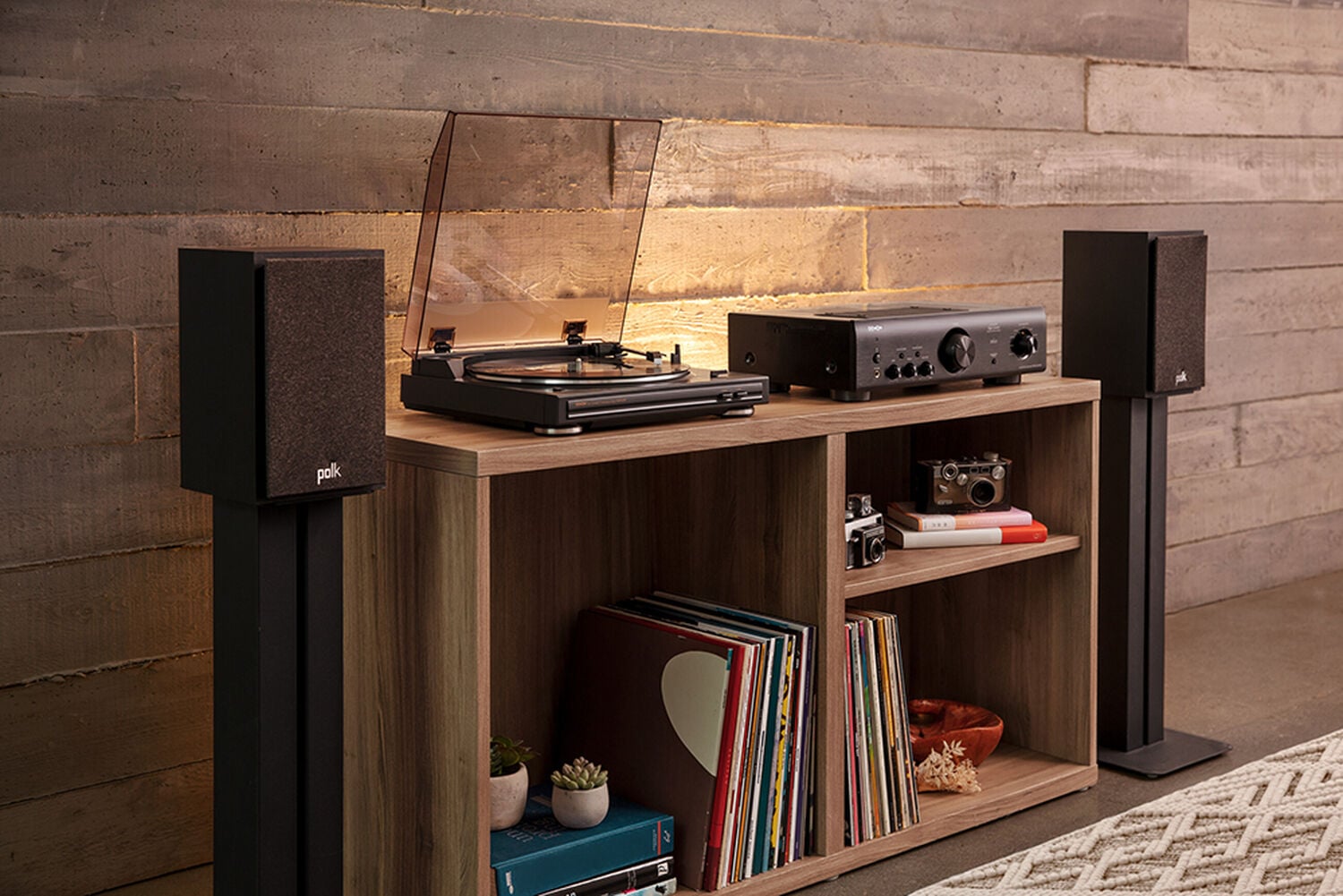 A bundle of Polk bookshelf speakers, a Denon Turntable and Amplifier