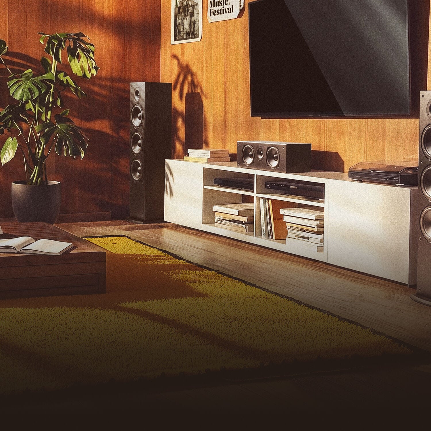T-Series home theater set up in a living room