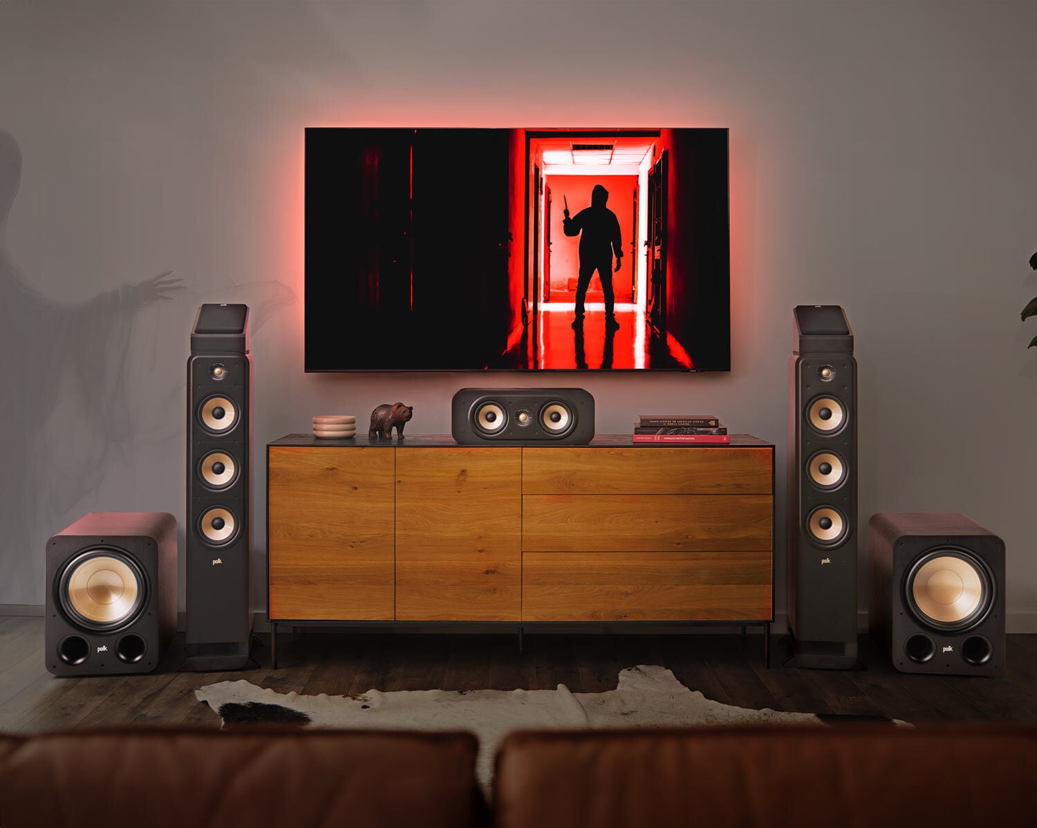 Horror movie on a tv with a home theater set up
