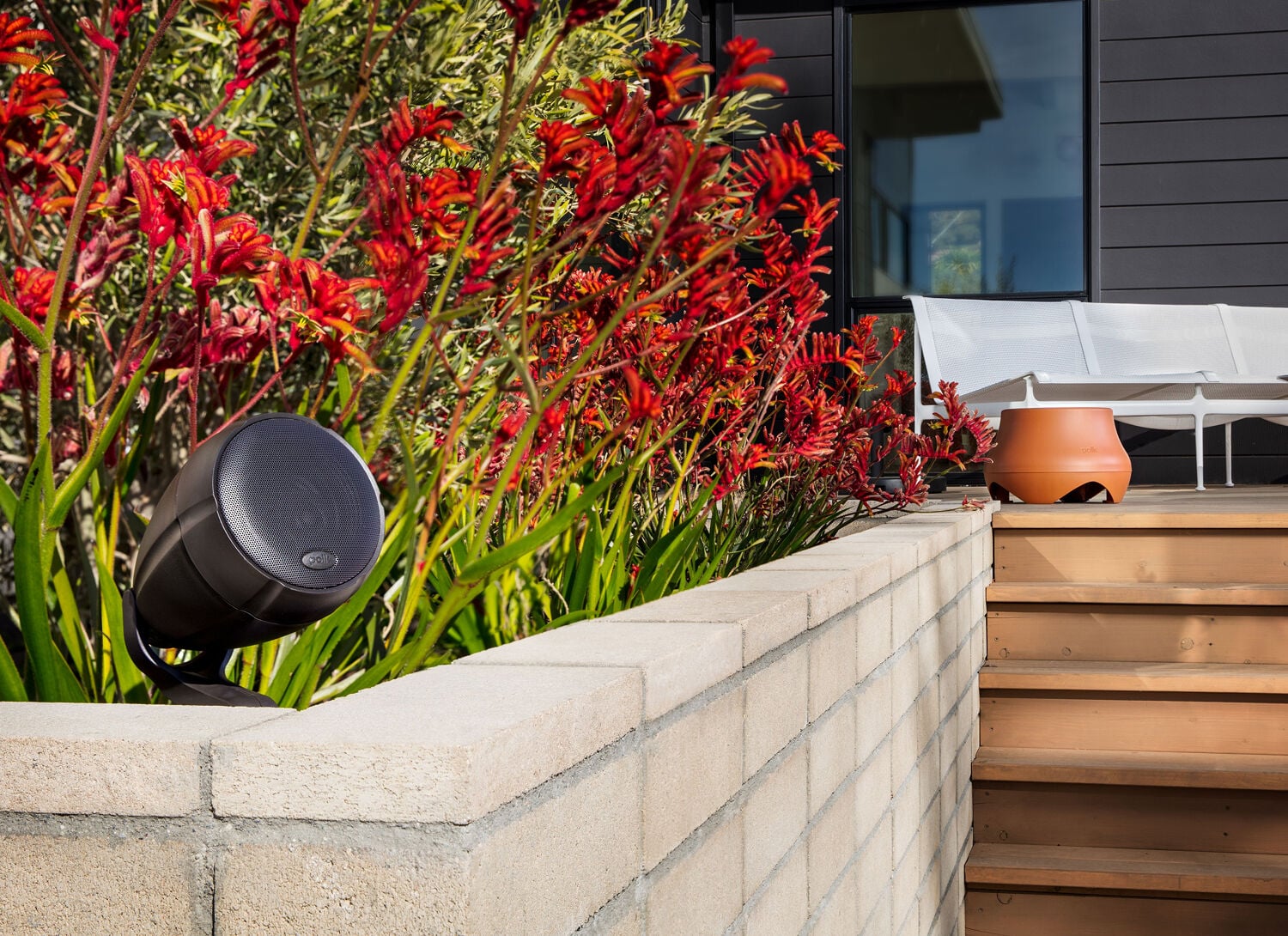 An Atrium speaker in a planter