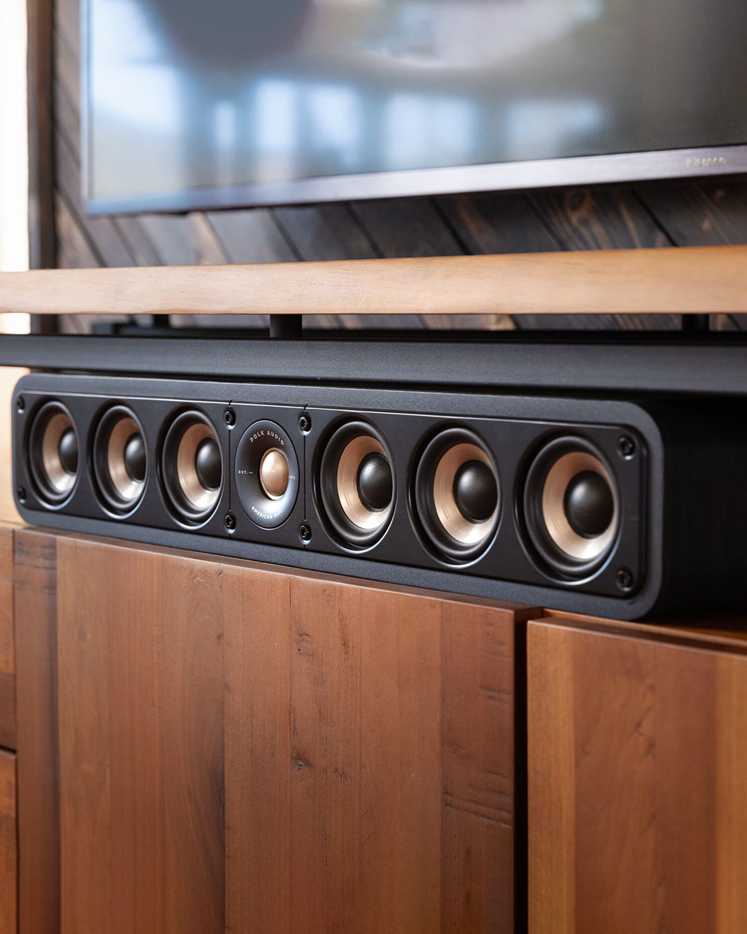 A center channel speaker on an entertainment center