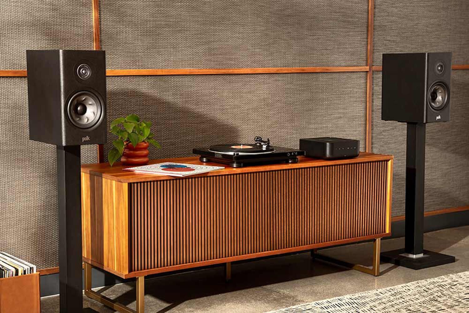 A bundle of Polk Reserve bookshelf speakers, a Denon Turntable and Denon Home Amplifier