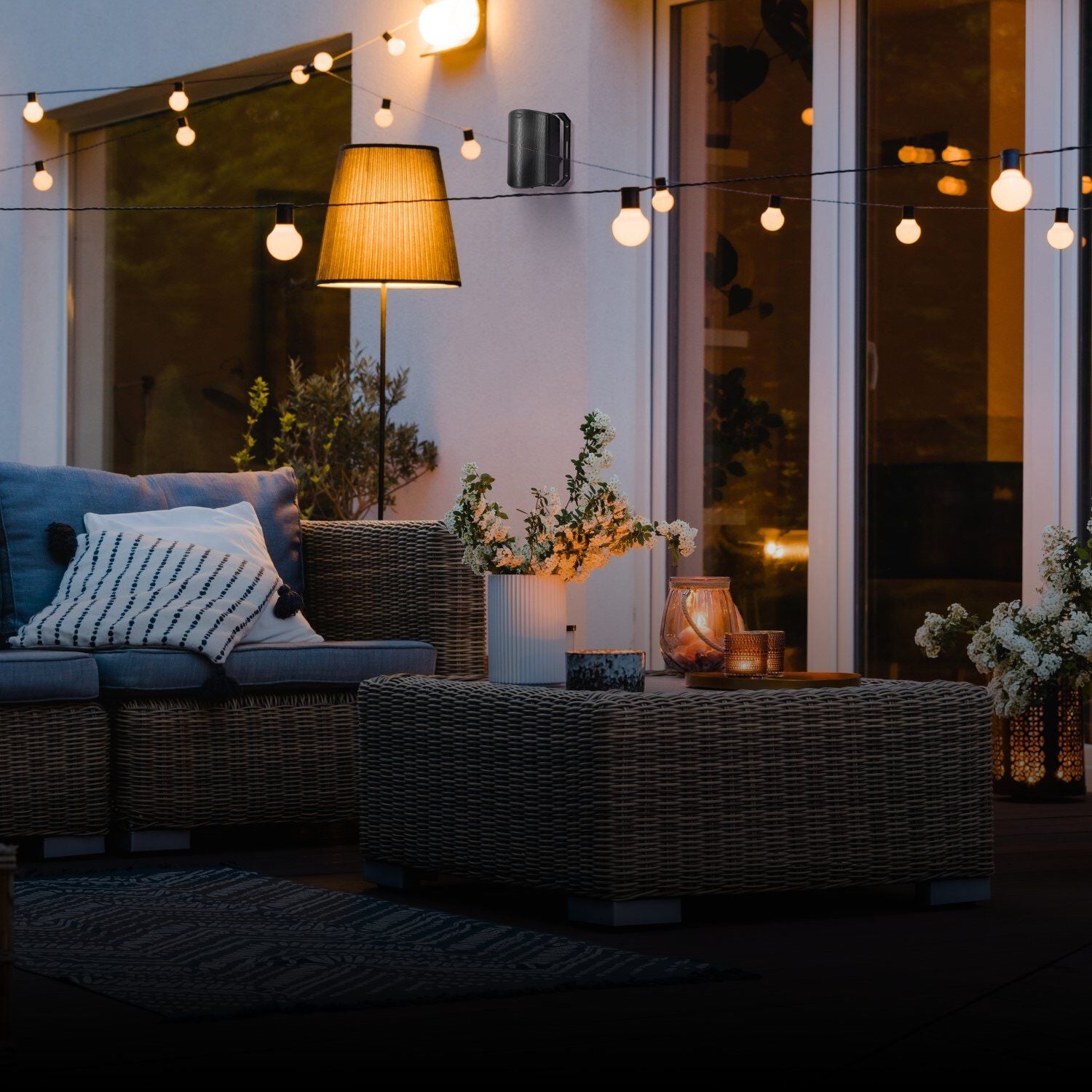 Outdoor speakers on a patio
